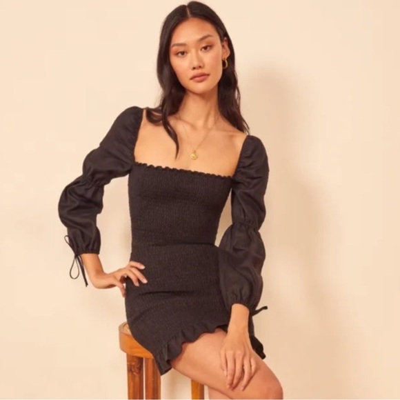 Reformation Hilary Black Smocked Mini Dress Size M - Picture 3 of 16
